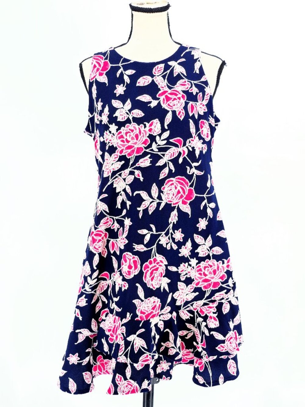 Signature by Robbie Bee Floral Dress Navy Pink Flounce Ruffle Sleeveless Size PL